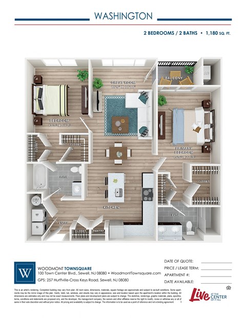 Floor plan for 2 beds, 2 baths, 1180 sqft
